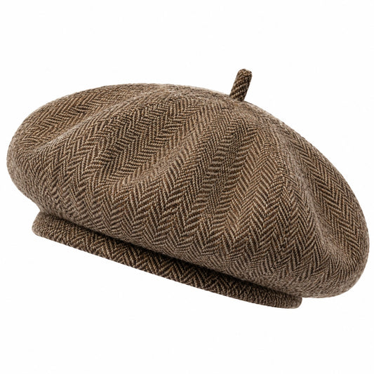 Béret taille unique en tissu brun à chevrons style classique