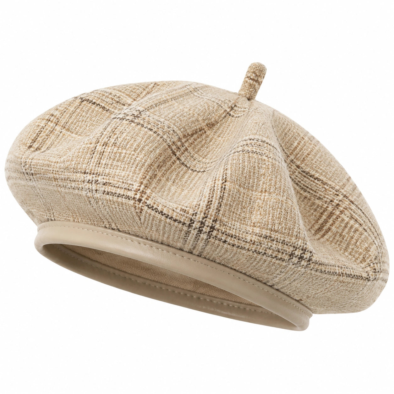 Béret taille unique en tissu tissé beige à carreaux style classique