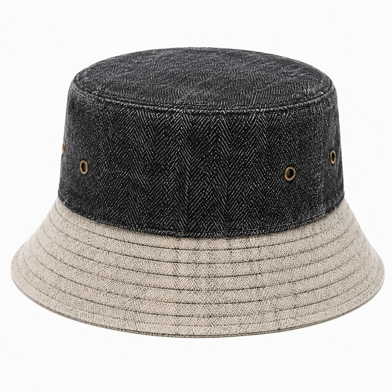 Chapeau bob taille unique en tissu noir et beige avec œillets aérés