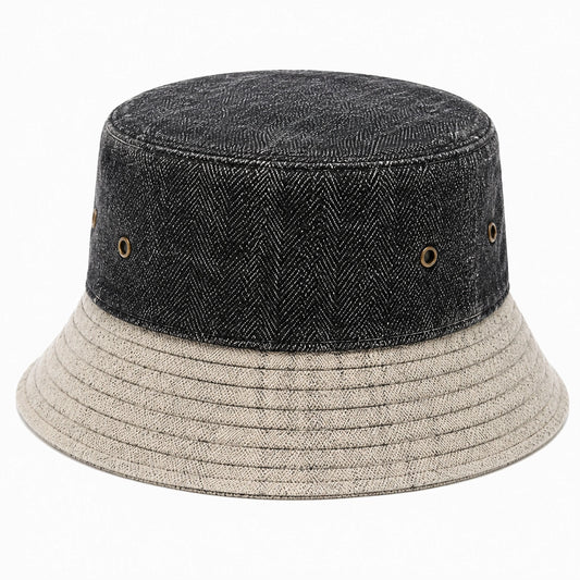 Chapeau bob taille unique en tissu noir et beige avec œillets aérés