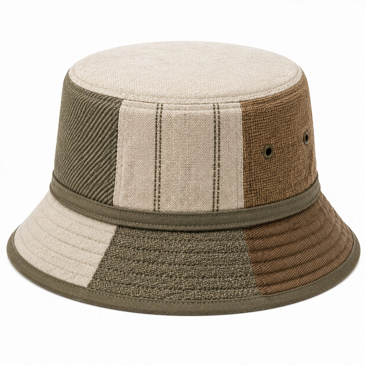 Chapeau bob taille unique en textile beige kaki marron style patchwork avec œillets