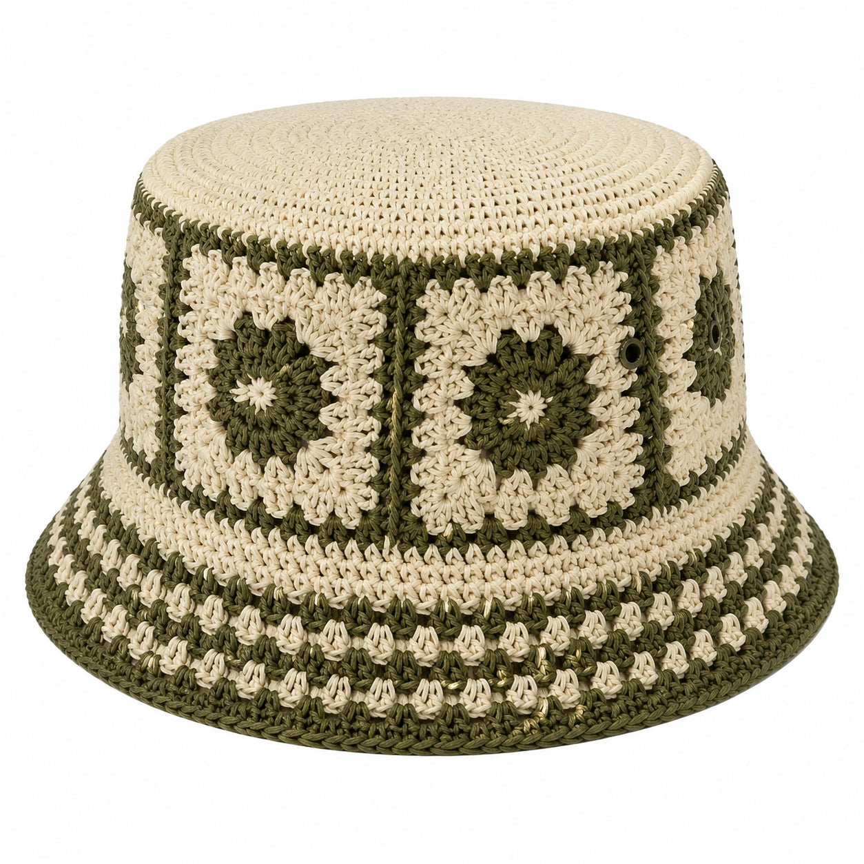 Chapeau bob taille unique en fibres tressées vert kaki et écru à motif floral