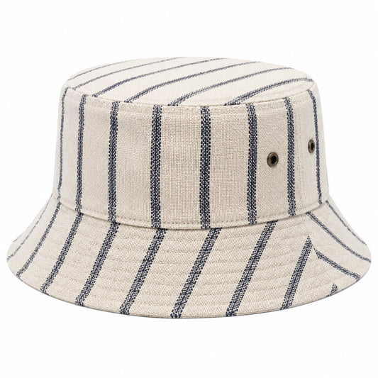 Chapeau bob taille unique en tissu écru et bleu marine à rayures avec bord souple