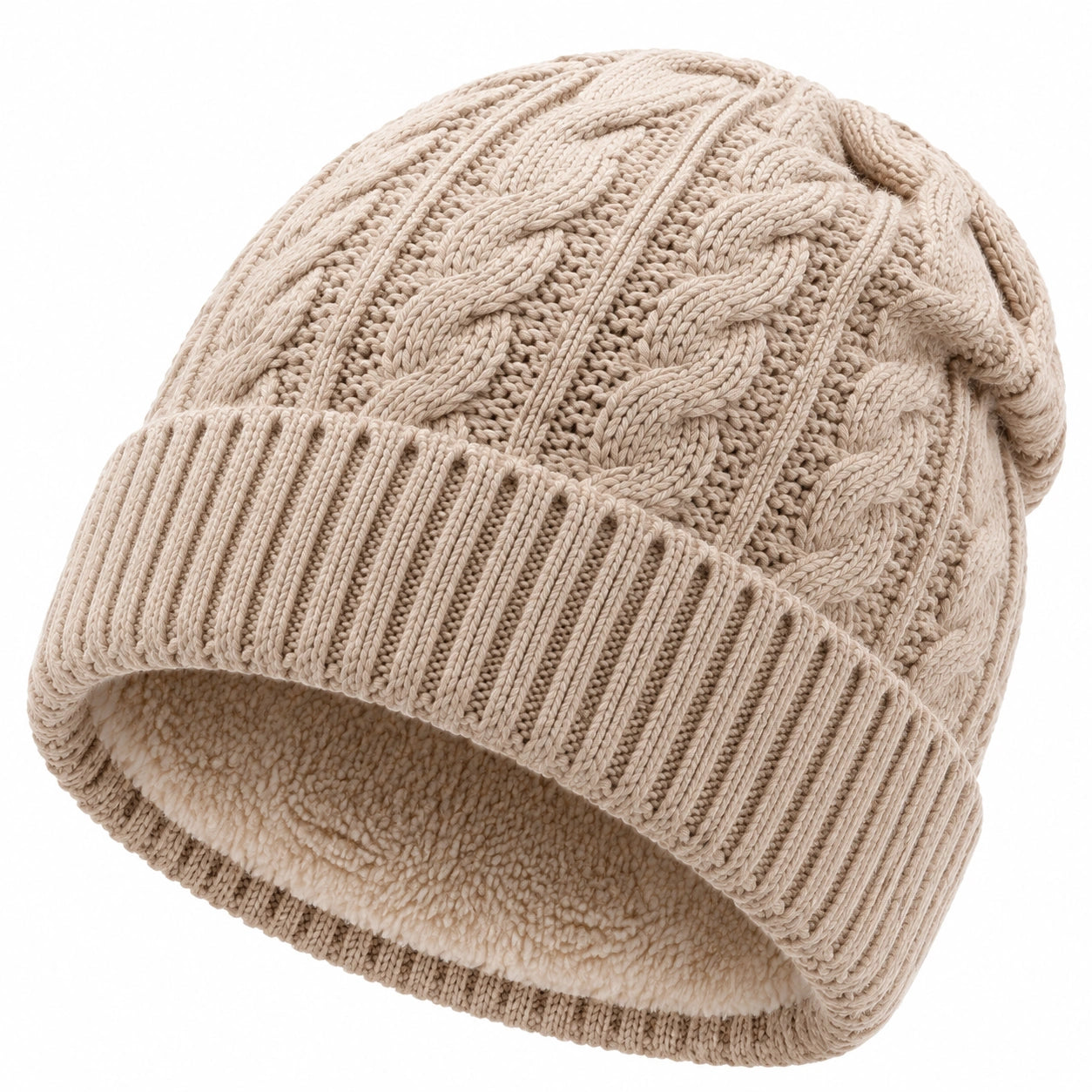 Bonnet taille unique beige en maille torsadée doublé polaire pour adulte