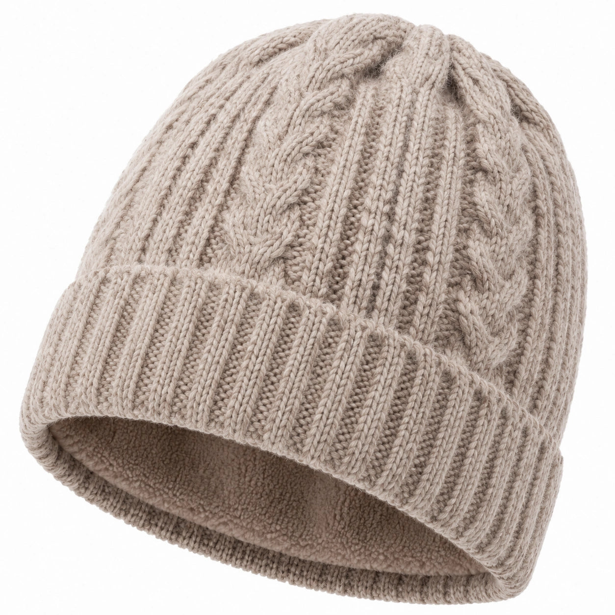 Bonnet en maille beige taille unique doublé polaire à revers pour hiver
