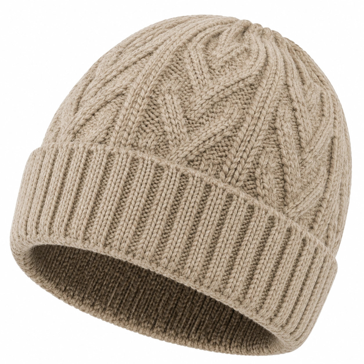 Bonnet taille unique en maille beige - tricot torsadé extensible pour hiver