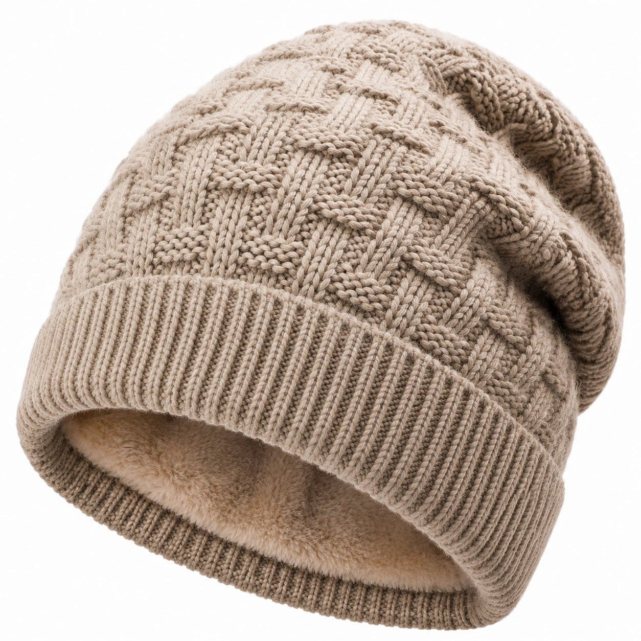 Bonnet taille unique beige en maille doublée style torsadé pour hiver