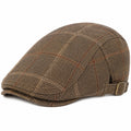 Casquette plate taille unique en tissu tissé marron à carreaux ajustable