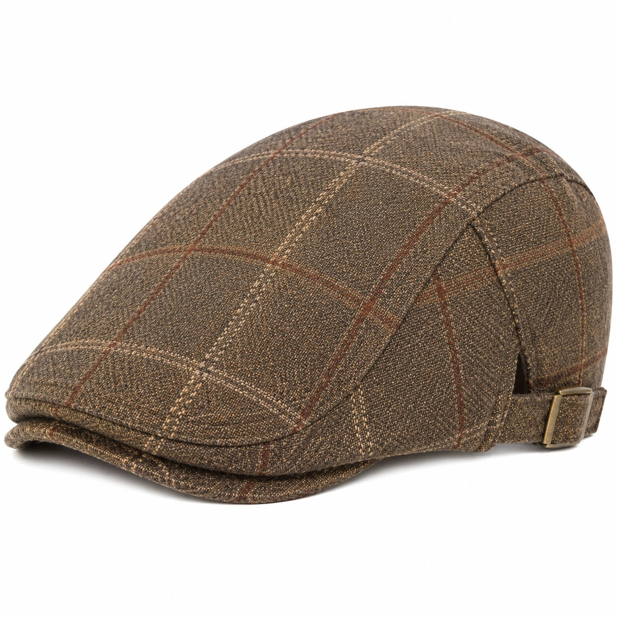 Casquette plate taille unique en tissu tissé marron à carreaux ajustable