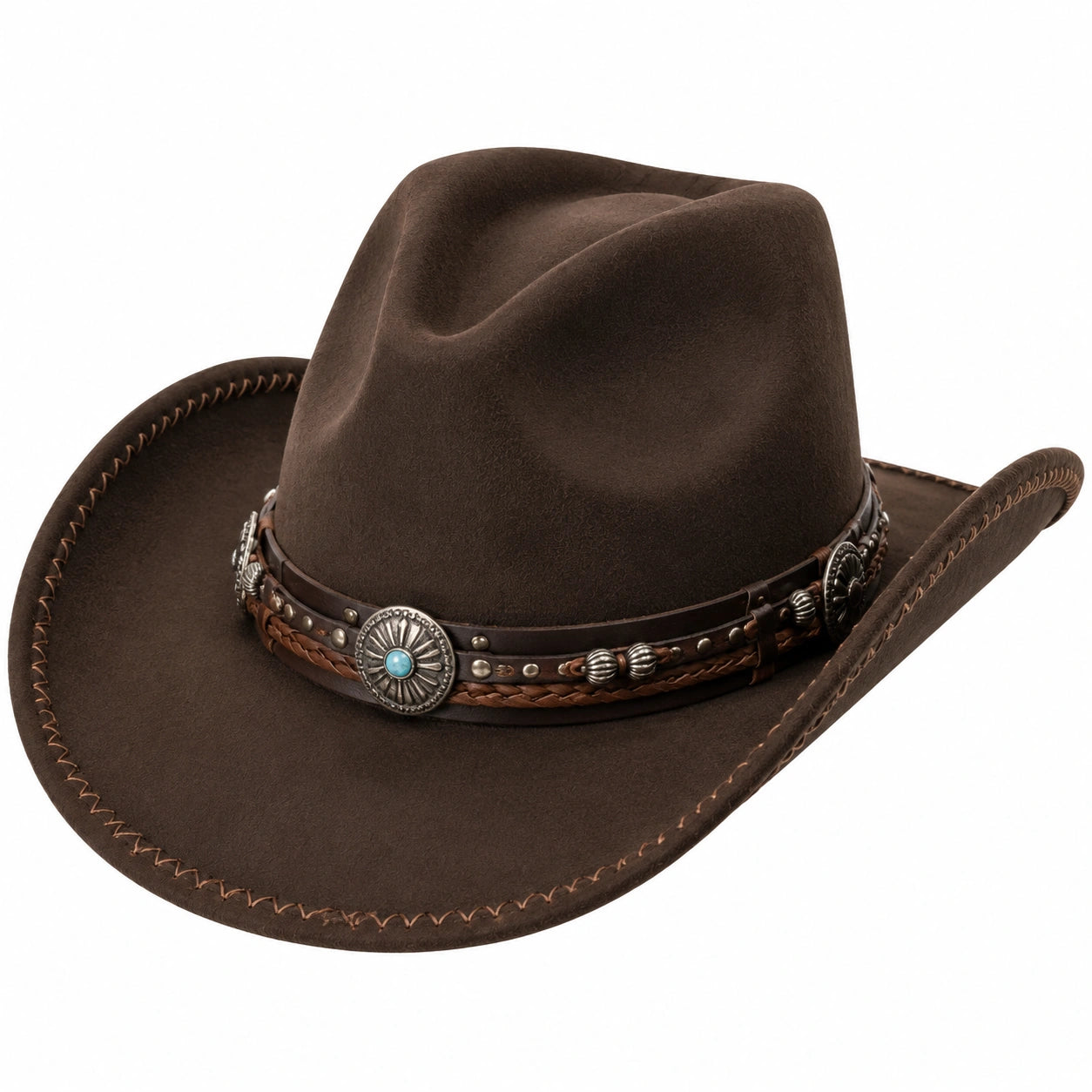 Chapeau cowboy unisexe taille unique en suédine marron avec bande décorative style western