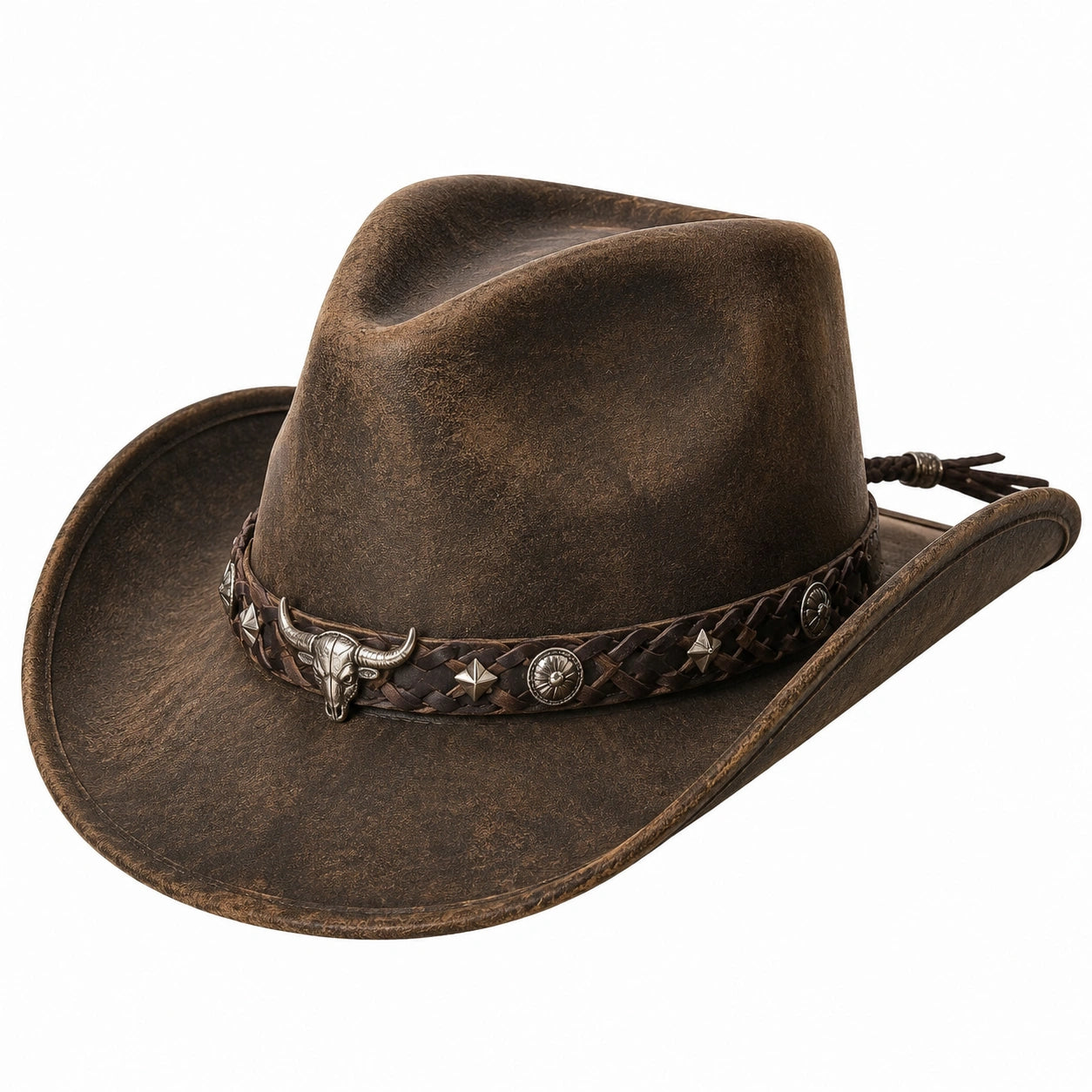 Chapeau cowboy taille unique brun aspect cuir avec bande tressée décorative